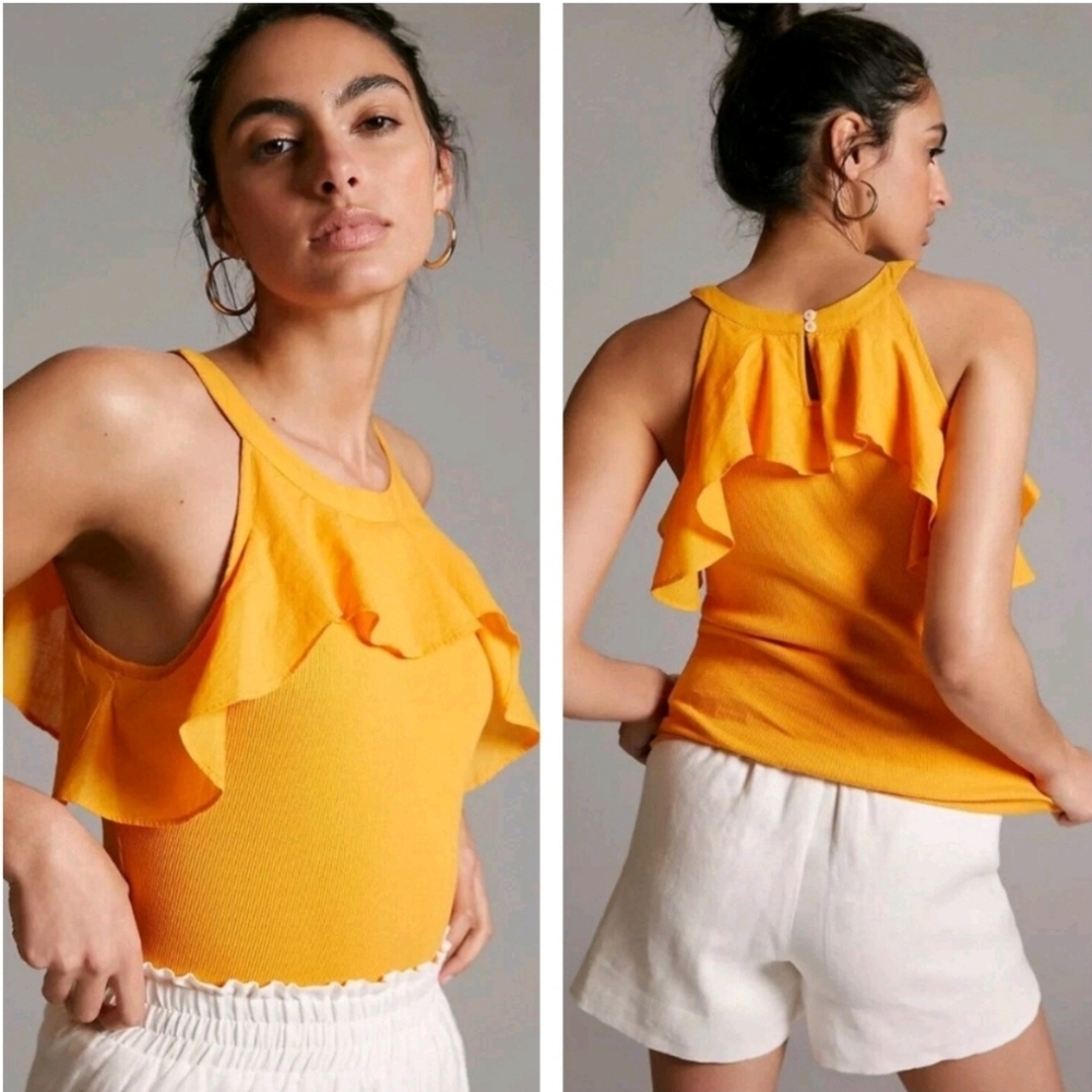 Maeve Anthropologie Ruffled Ribbed Tank Top Shirt Mustard Yellow Women's M